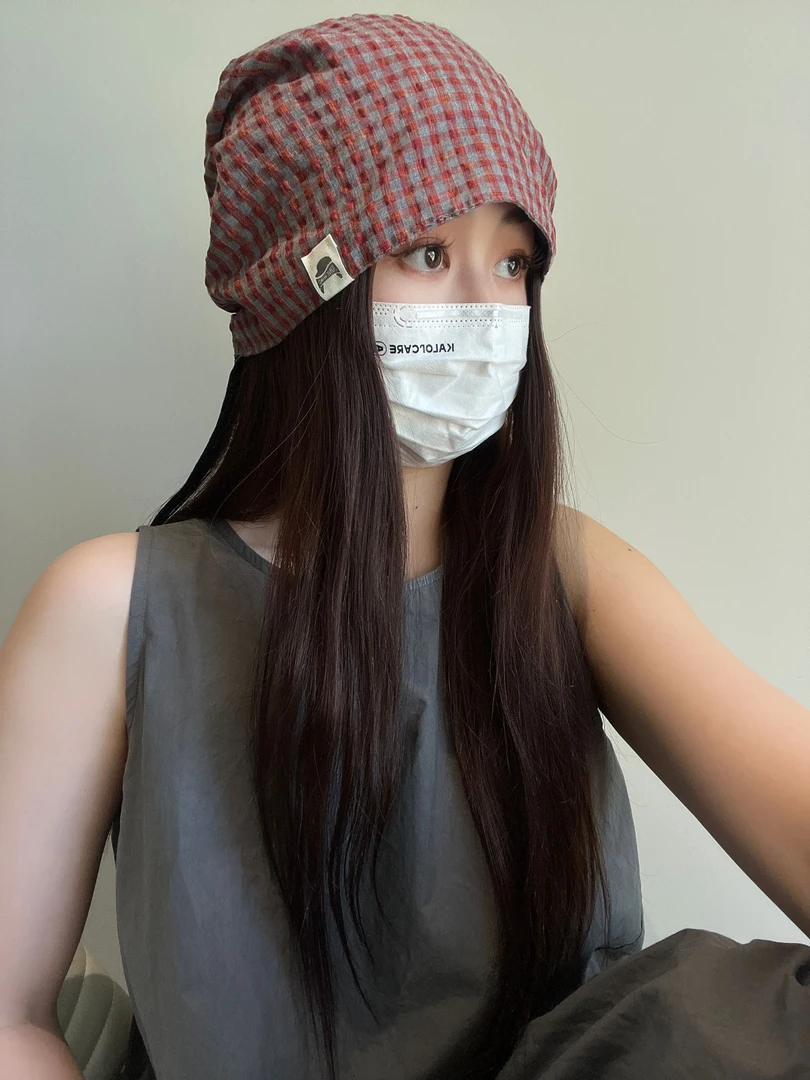 街头复古格纹堆堆帽子女秋季新款韩版显脸小系带薄款透气包头帽