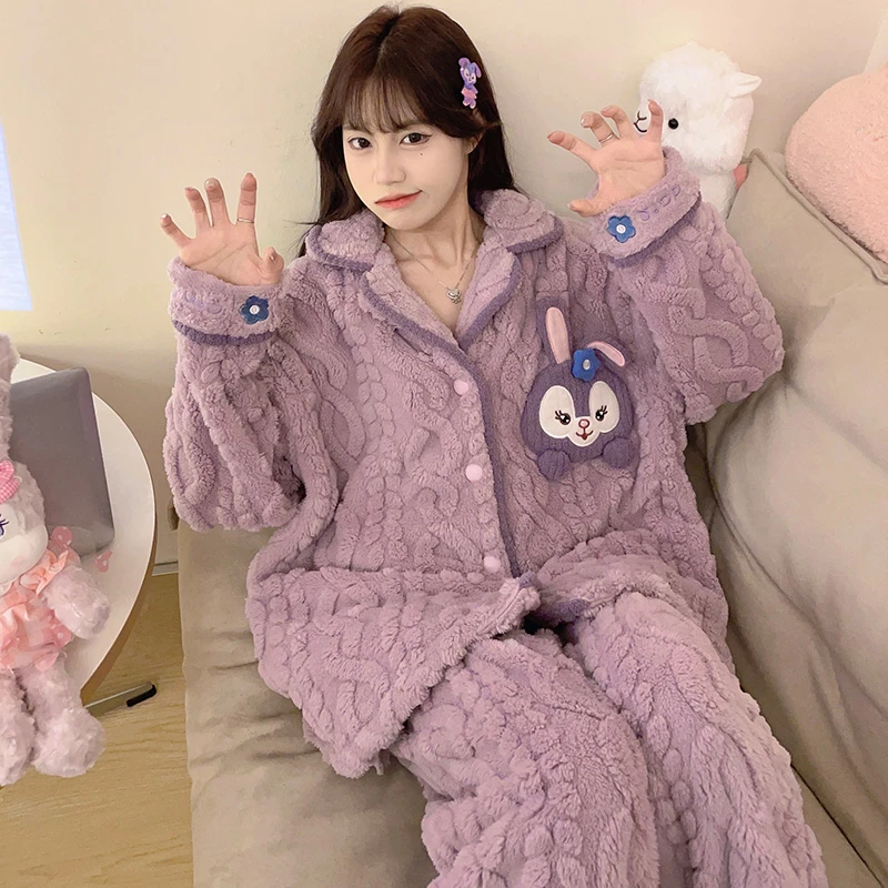 秋冬季珊瑚绒睡衣女加厚法兰绒卡通甜美可爱冬天家居服套装 2286