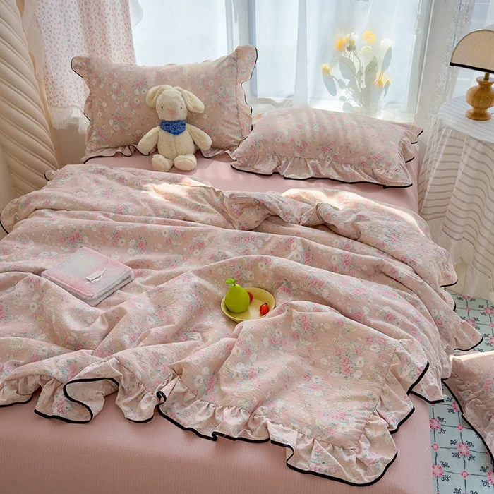 夏被四件套】A类双层纱针织棉夏凉被公主风花边款夏被四件套空调被