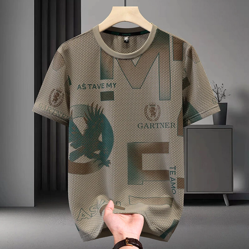 冰丝圆领短袖T恤男夏季冰感透气中青年潮牌印花半袖体恤上衣潮流