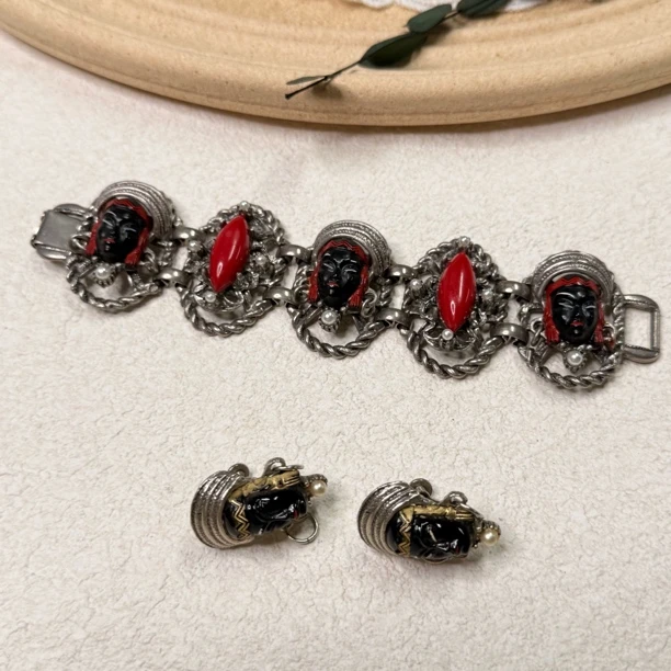 铜合金手链 【六六中古】孤品复古脸谱手链耳夹套装th6953