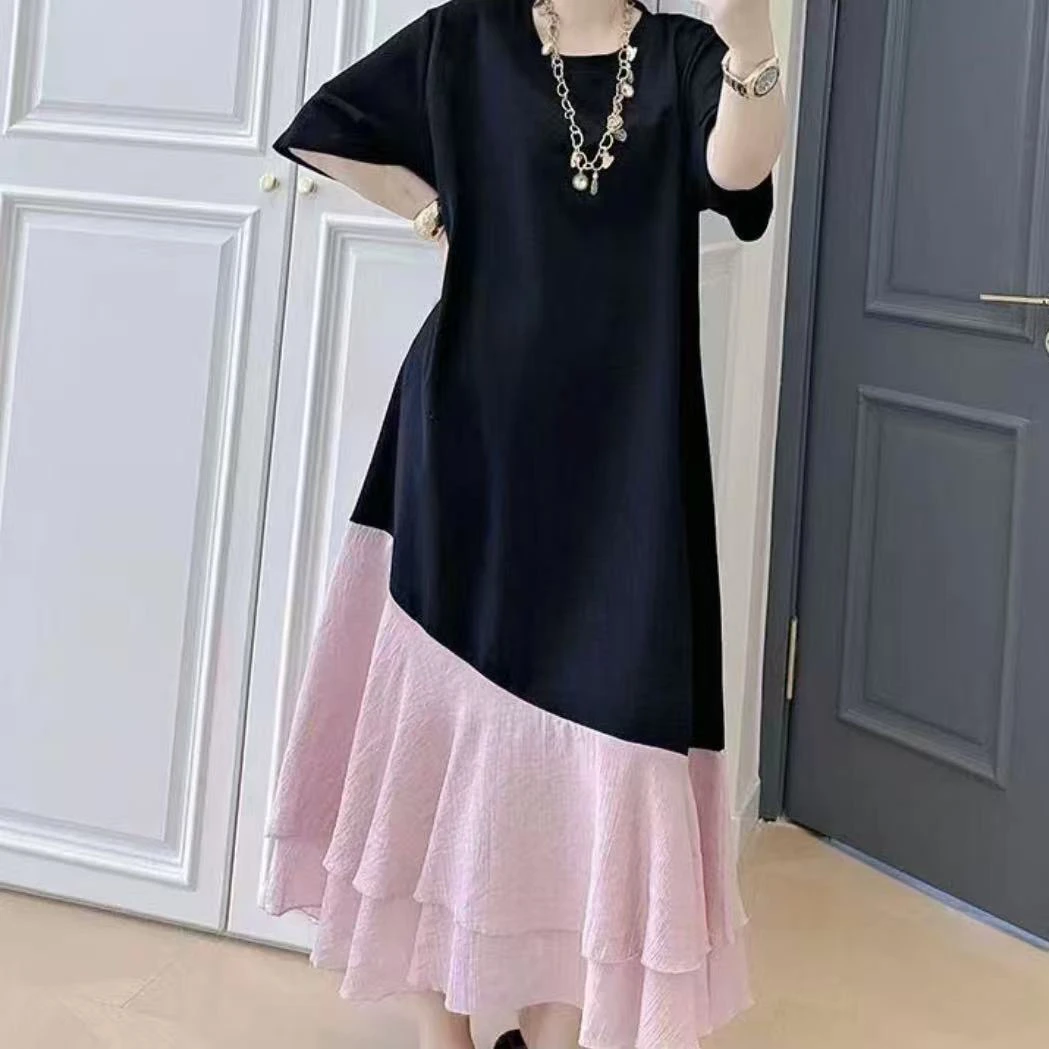 欧货2025新款大码女装夏高级感拼接宽松慵懒风显瘦长裙