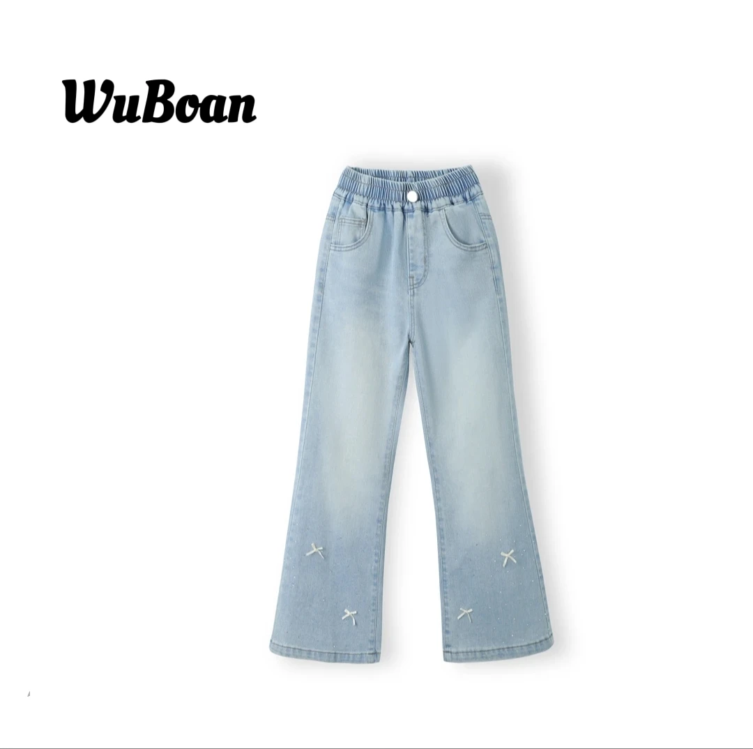 女童牛仔裤夏款2025夏季薄款亮钻蝴蝶结款中大女童百搭时髦微喇裤