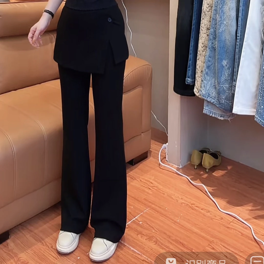 小敏家,黑色假两件显瘦屁帘微喇女款休闲长裤