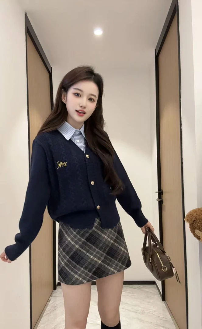 韩系学院风假两件拼接毛衣开衫女装秋季2025新款短款文艺针织上衣