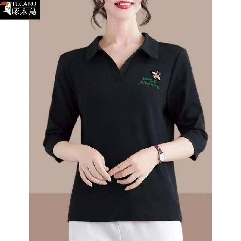 啄木鸟翻领纯色七分袖上衣2025新款刺绣T恤春秋中年减龄休闲女装