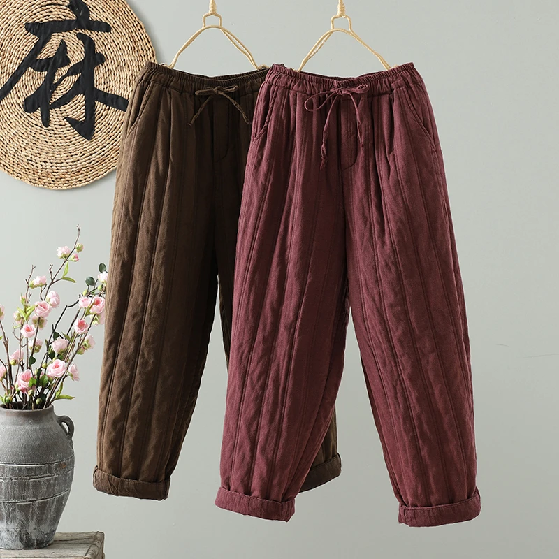 2025冬季新款休闲百搭绗线砂洗亚麻炒色做旧收脚显瘦棉裤