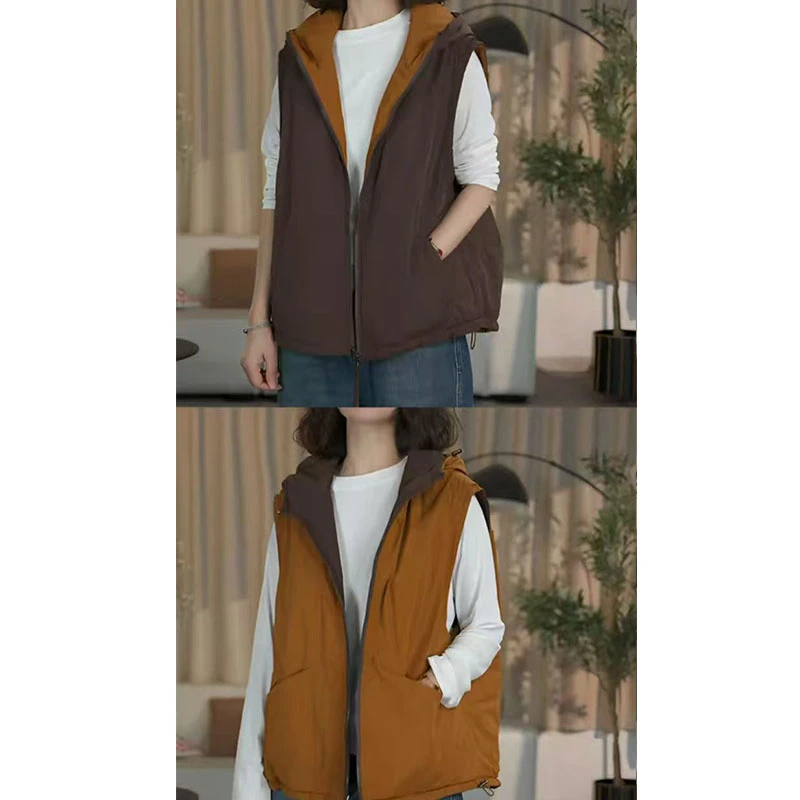 双面穿夹棉连帽风衣马甲外套女秋冬韩版拉链宽松百搭爆款马夹