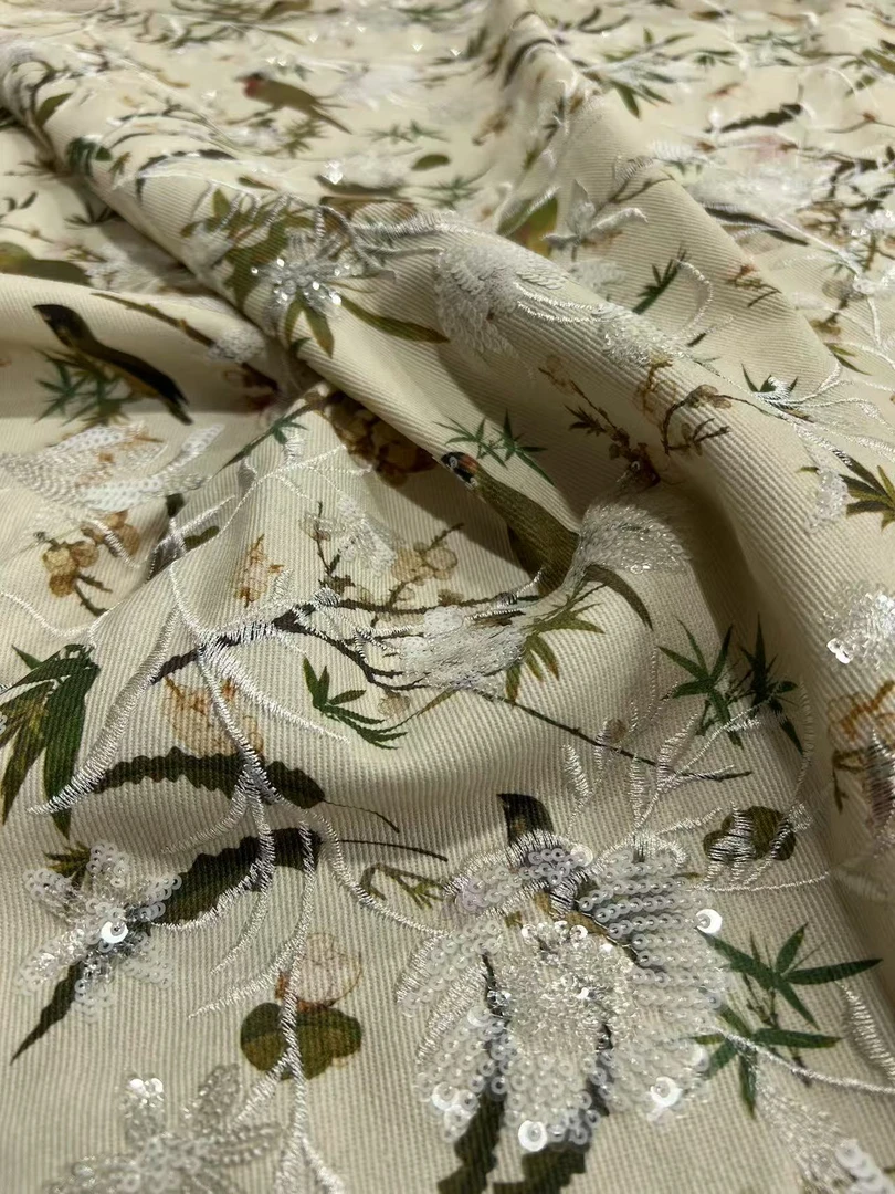 A6杏色鸟语花香国风刺绣珠片牛仔148cm找对应编号米数拍DIY面料