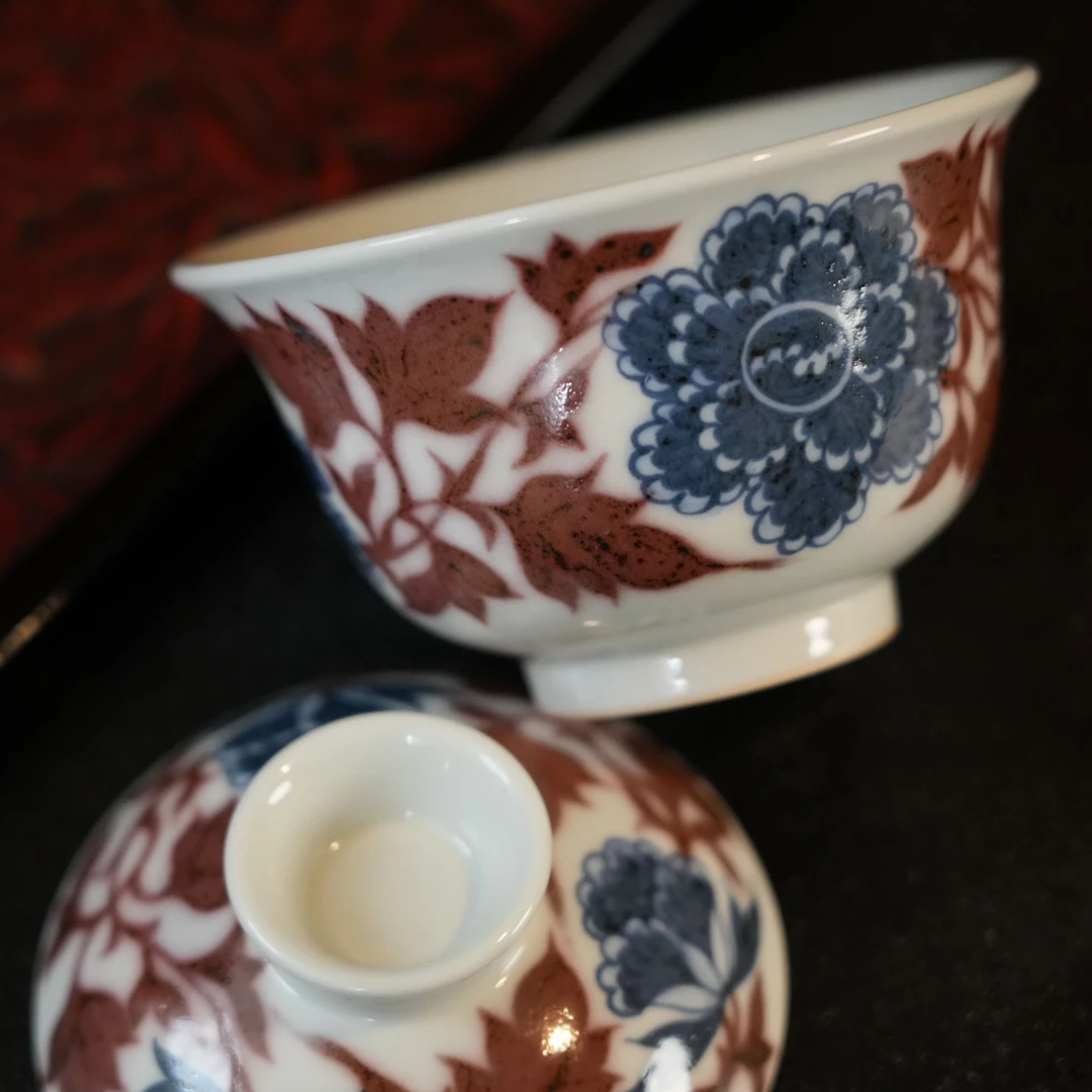 【雲梦】畅怀堂-青花釉里红牡丹盖碗
