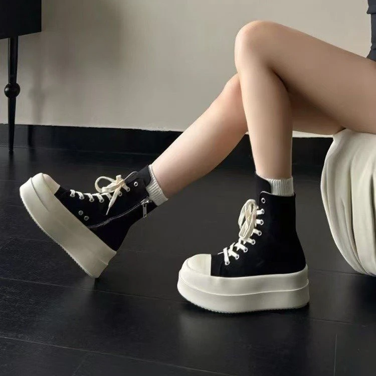 哥特系厚底高帮板鞋系鞋带内增高6CM男女款小众设计马丁短靴-Y