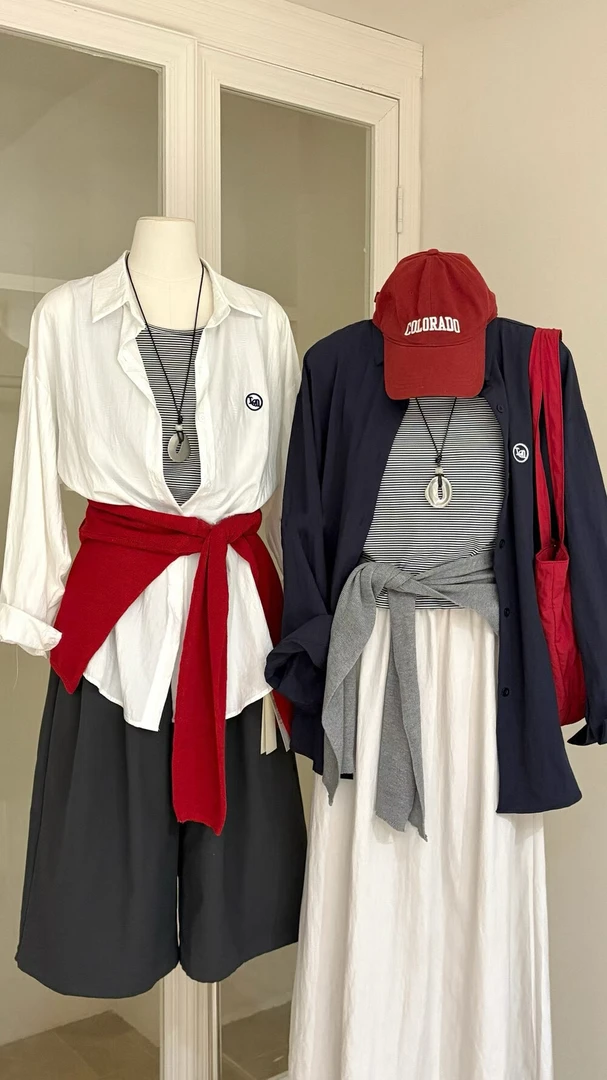 韩系ins风简约休闲百搭长袖衬衫搭配修身条纹吊带背心