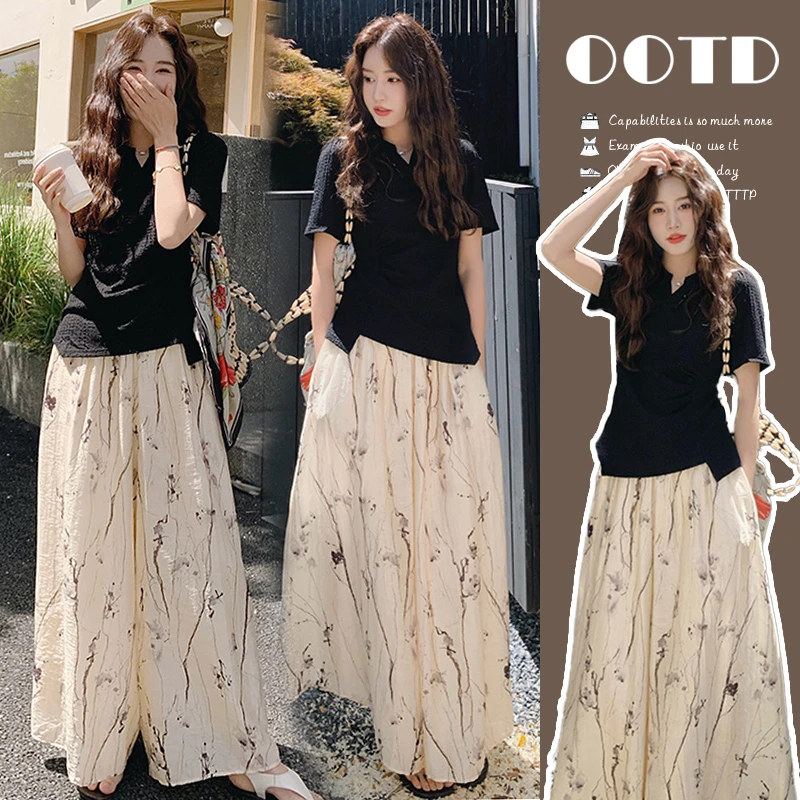 甜系少女感孕妇夏装套装女T恤2025新款印花孕妇阔腿裤两件套夏季