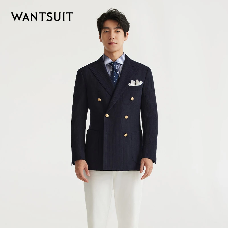 WANTSUIT春季藏青色肌理感绵羊毛双排扣西服W7500DX003S1