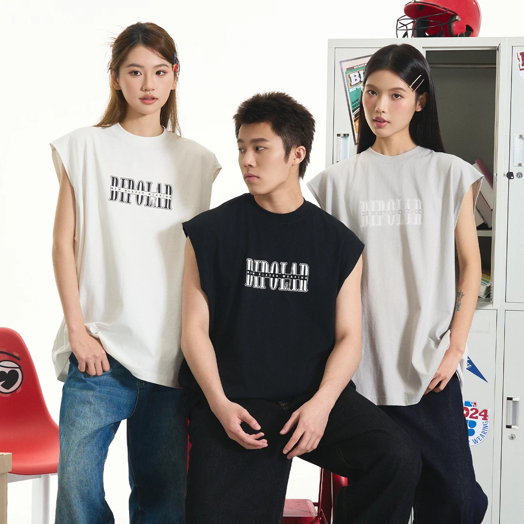 BIPOLAR断开字基础圆领宽松复古国潮情侣男女同款胶印背心 14B488