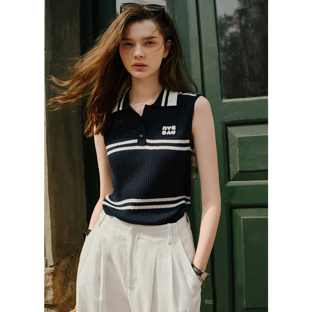 navigare意大利小帆船大牌甜美风翻领条纹背心针织衫女含羊毛显瘦