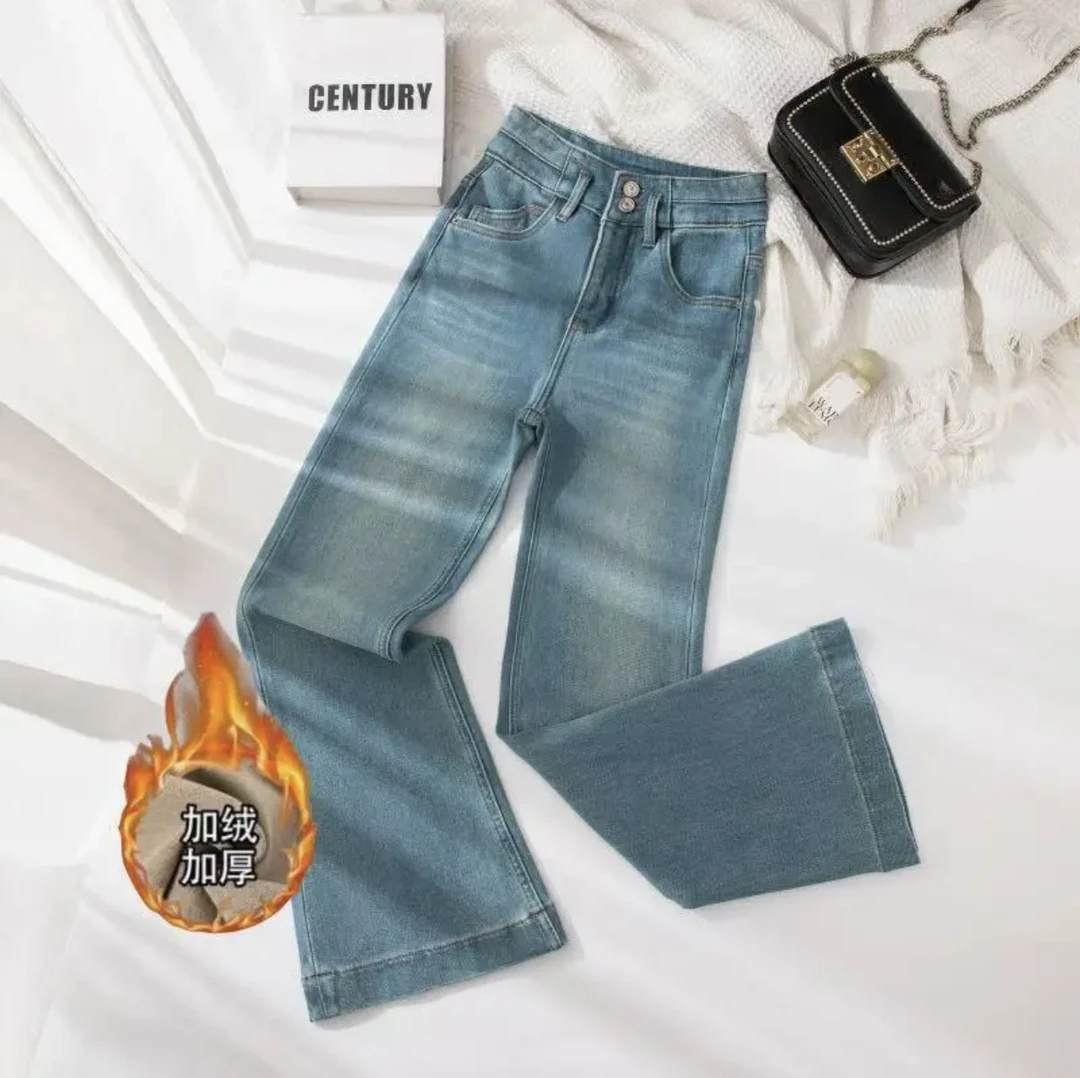 【加绒款】天青色-四面弹 秋季高腰直筒微喇牛仔裤女显瘦显高LM