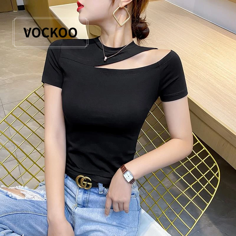 VOCKOO黑色t恤女短袖夏季设计感小众棉质紧身露肩体桖2025新款上