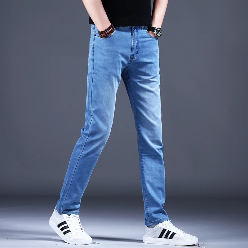 天蓝色弹力牛仔裤薄款男裤直筒潮牌休闲长裤2025新款夏天超薄裤子