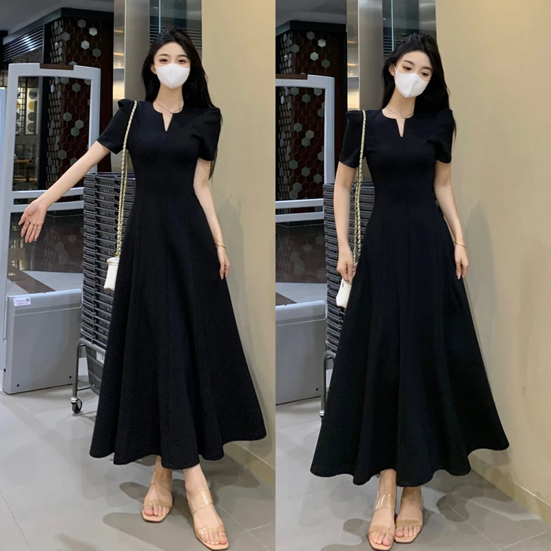 大码赫本风黑色连衣裙大码2025夏新款气质名媛女神范高级感长裙