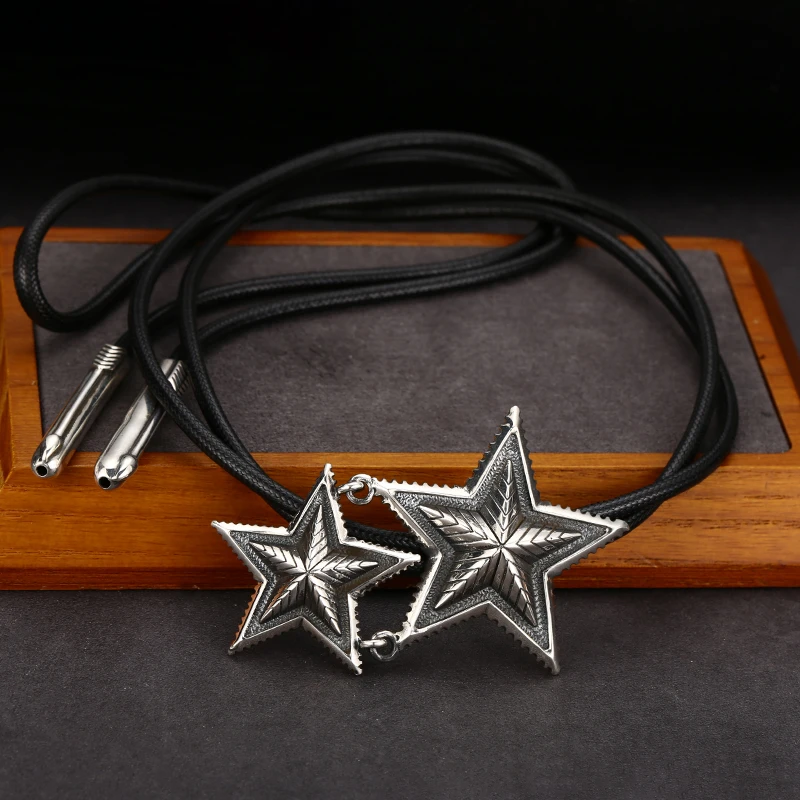 链子925银 时尚轻奢气质五角星黑色皮绳项链