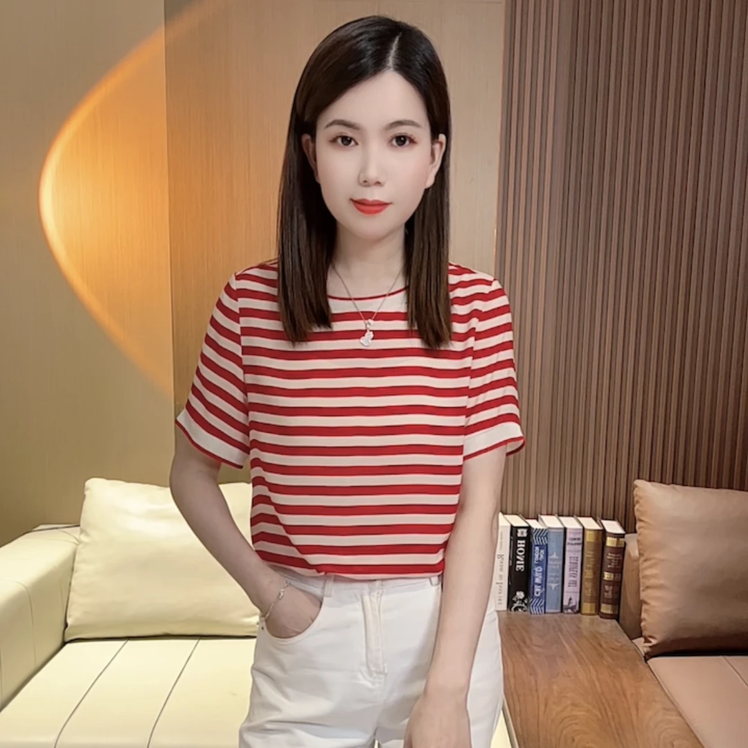 春夏款显瘦气质时尚休闲百搭红色条纹夏季短袖上衣S09610