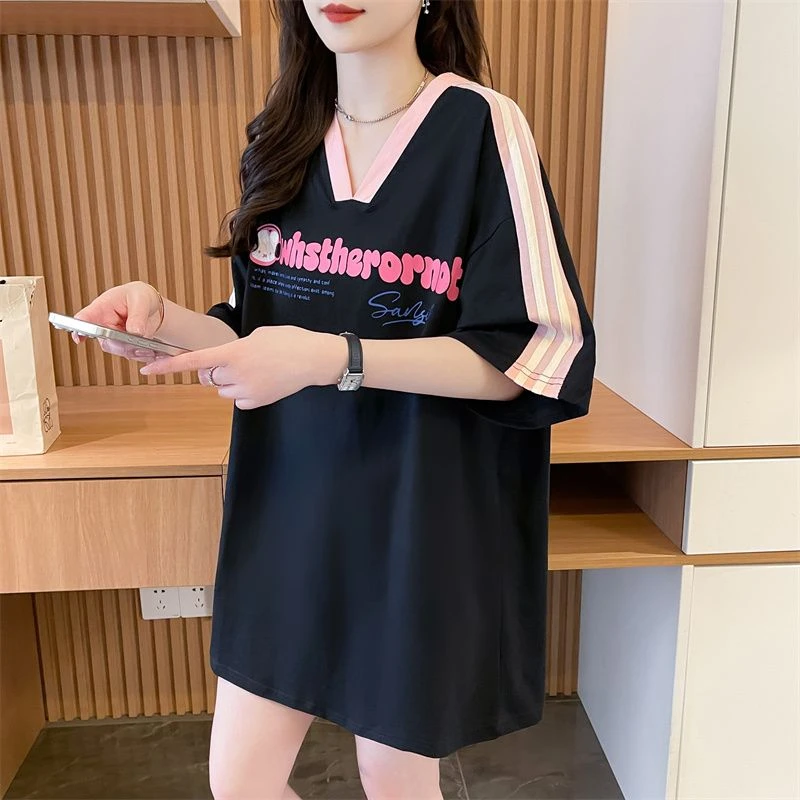 2025夏季中长款纯棉短袖t恤女韩版休闲时尚ins潮流V领显瘦上衣