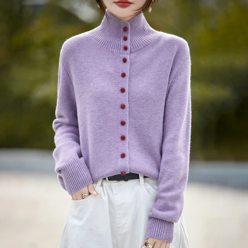 欧洲站秋冬新款高领南瓜橘纯色毛衣开衫女单排扣立领外套慵懒上衣