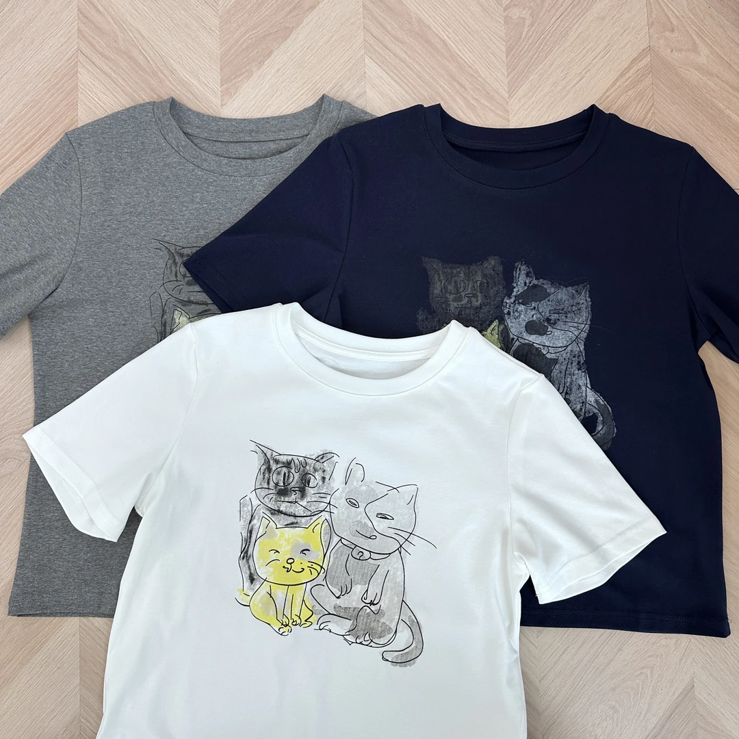 ZZ【三只小猫】简约纯色圆领小板型印花T恤短袖