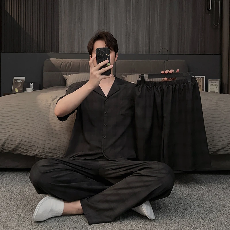 格子三件套睡衣男士夏季款冰丝薄款短袖短裤长裤可外穿家居服套装