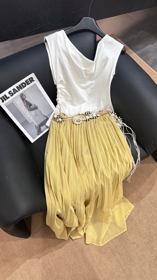 XIWEN推荐 夏季气质斜肩一字肩小衫搭配立体压褶百褶拼接半裙套装