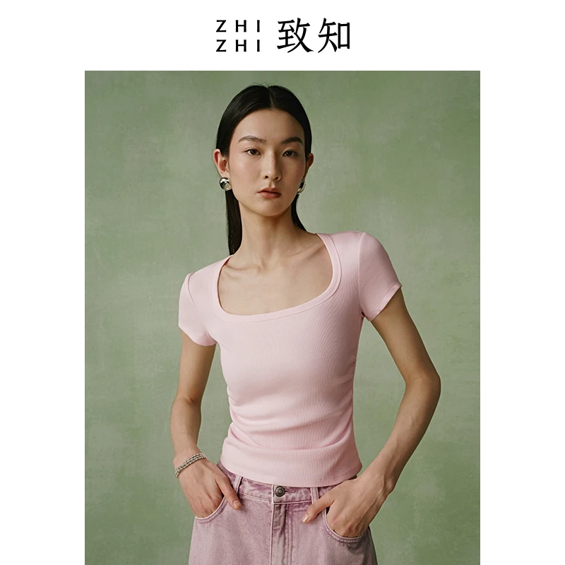 致知 忆旧游慢 打底短袖T恤女2024春新弹力别致大方领ZZ2DMWT1031