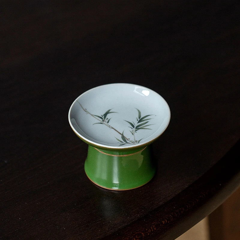 百垚纯手绘竹子釉下彩盖置茶壶高足盖托手工陶瓷功夫茶道配件杯垫
