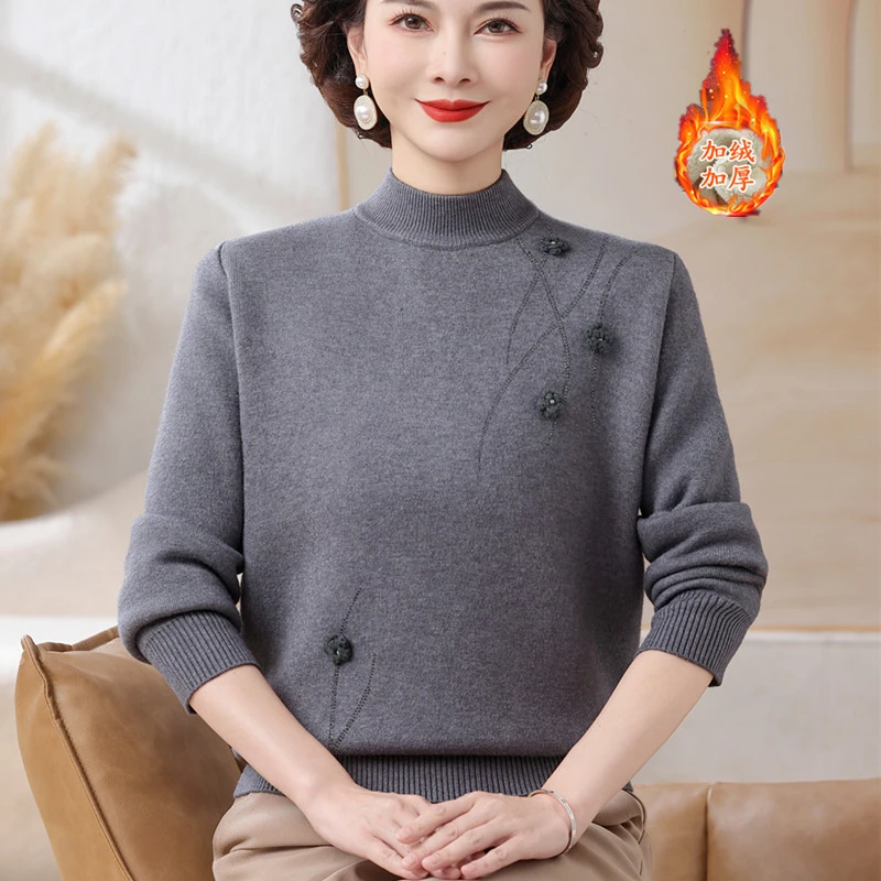 妈妈装秋冬加厚毛衣一体绒针织打底衫中老年宽松内搭女加绒保暖衣