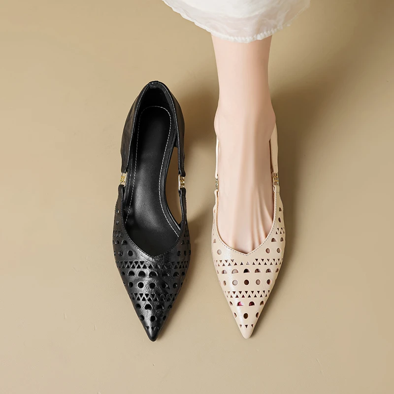 法式镂空单鞋凉鞋尖头法式跟鞋夏季细跟低跟春季通勤