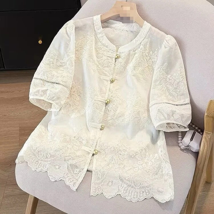 新中式复古国风短袖蕾丝刺绣衬衫2025夏季新款五一旅游出街衣服