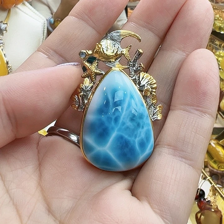 银S925镶嵌针钠钙石（海纹石）颈饰