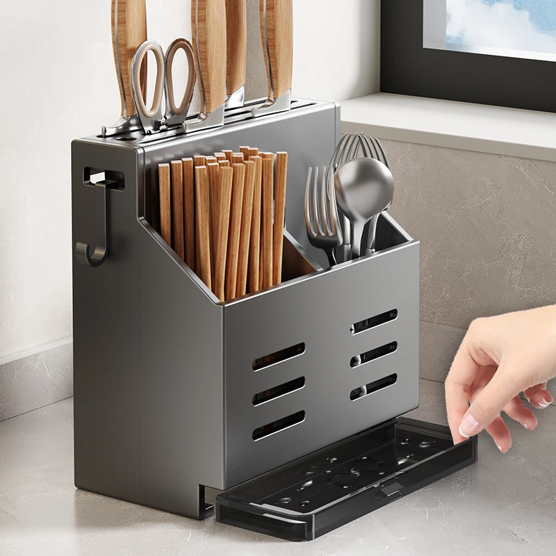 筷子笼收纳盒厨房刀架壁挂不锈钢勺子筷笼篓一体免打孔刀具置物架