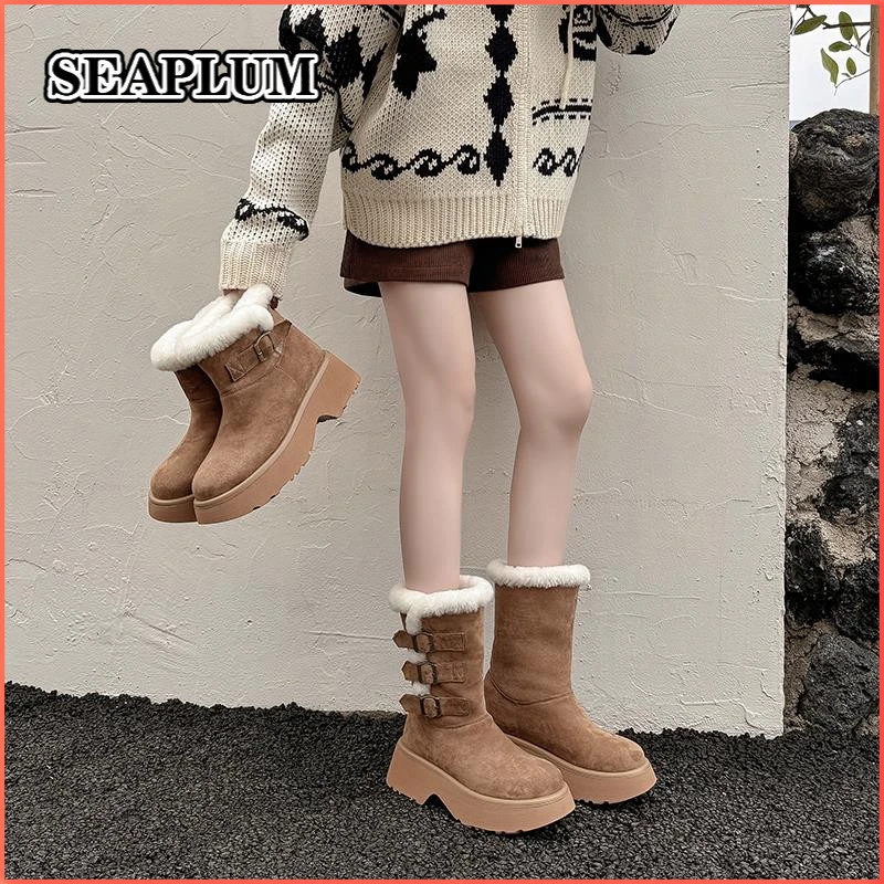 SEAPLUM网红厚底雪地靴女短靴子2025冬季新款保暖加绒加厚中筒靴