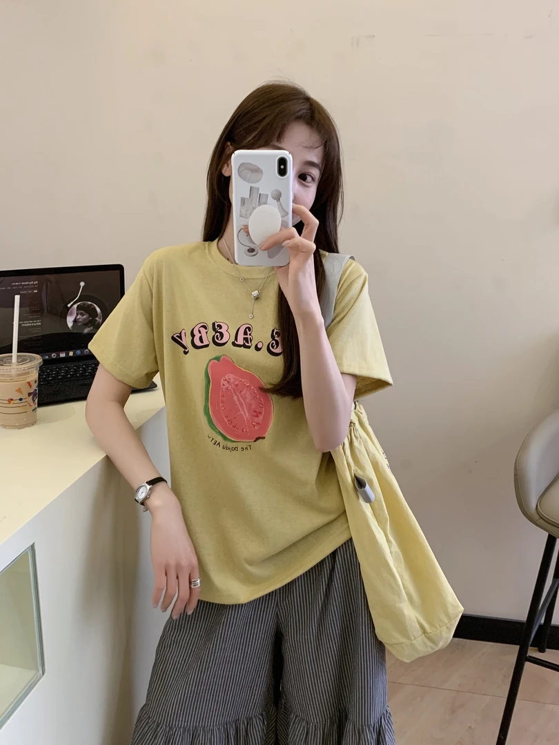 程程甄选  韩系水果芭乐简约百搭雪花棉休闲T恤981