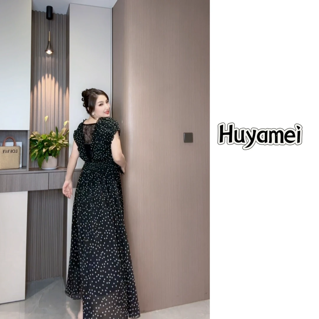 夏季黑色法式小波点收腰显瘦气质连衣裙后背镂空