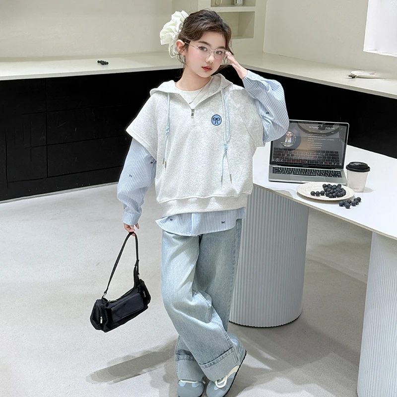 女童卫衣假两件2025春秋新款中大童洋气秋装女孩衣服时尚连帽上衣