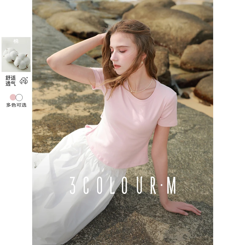 【品牌福利】三彩2025春季新款纯色T恤修身正肩短袖镂空绑带dbx