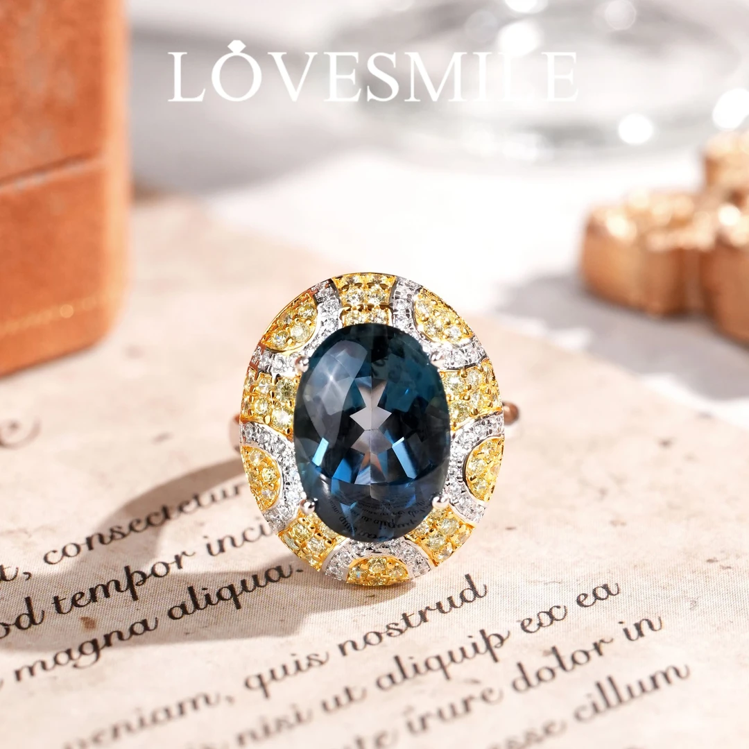 love smileS925银伦敦蓝托帕石戒指精美时尚大气孔雀蓝