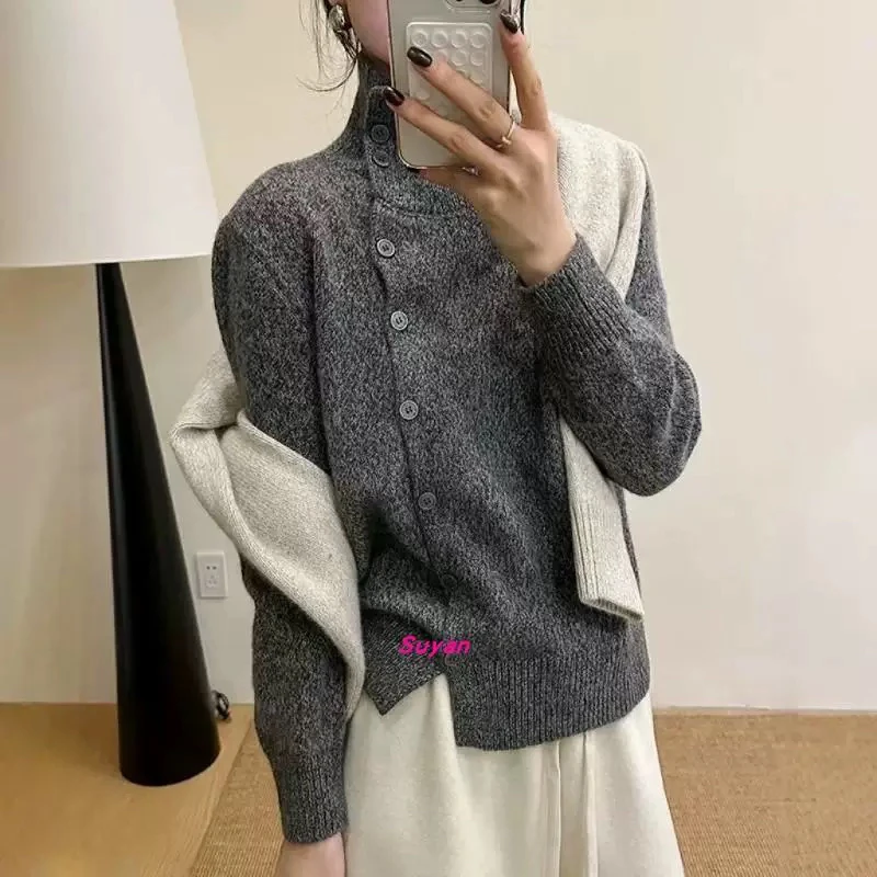 1203复古高领针织衫女慵懒风单排扣毛衣打底衫