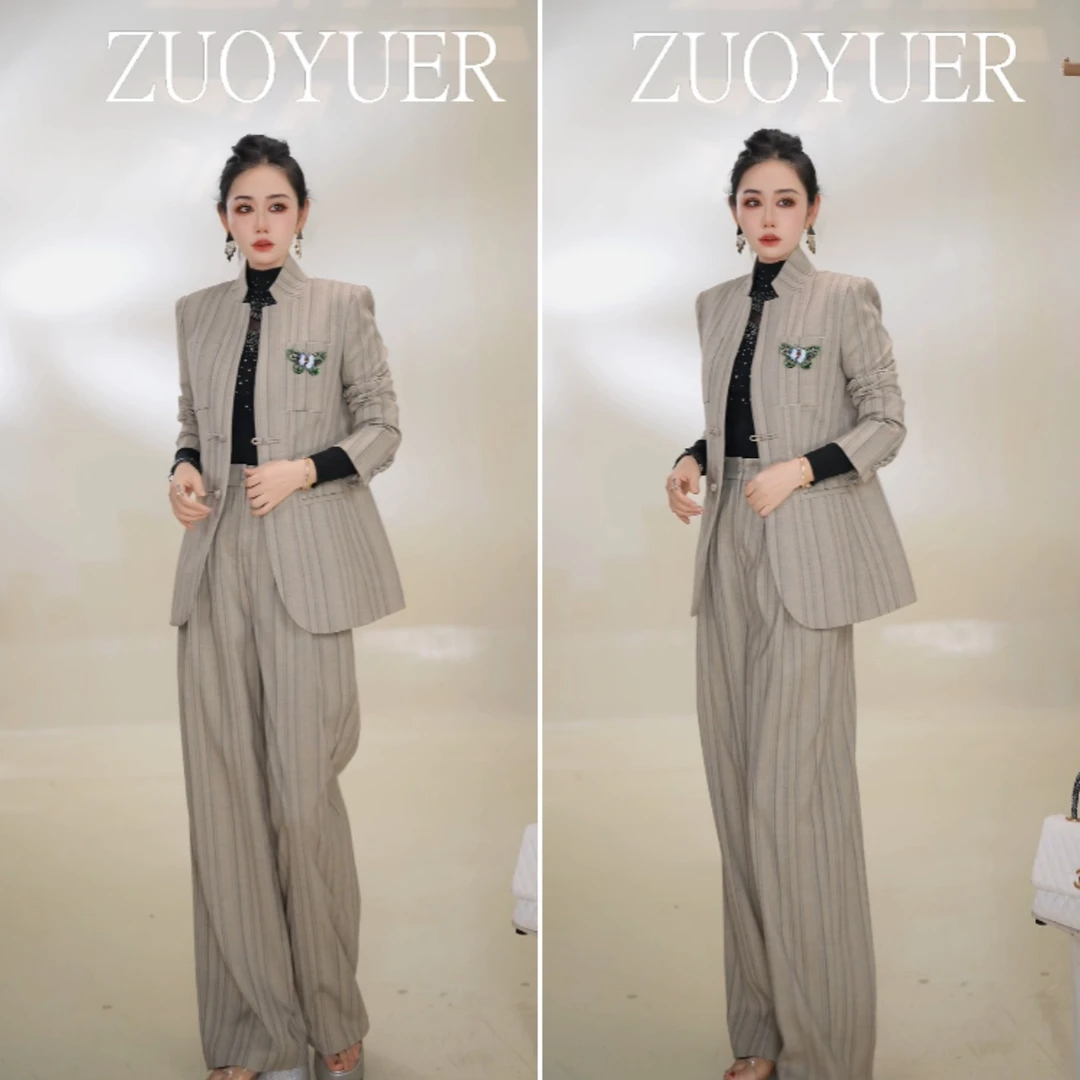 秋季新款单排扣条纹女士百褶长袖休闲风西装套装（小月）25922