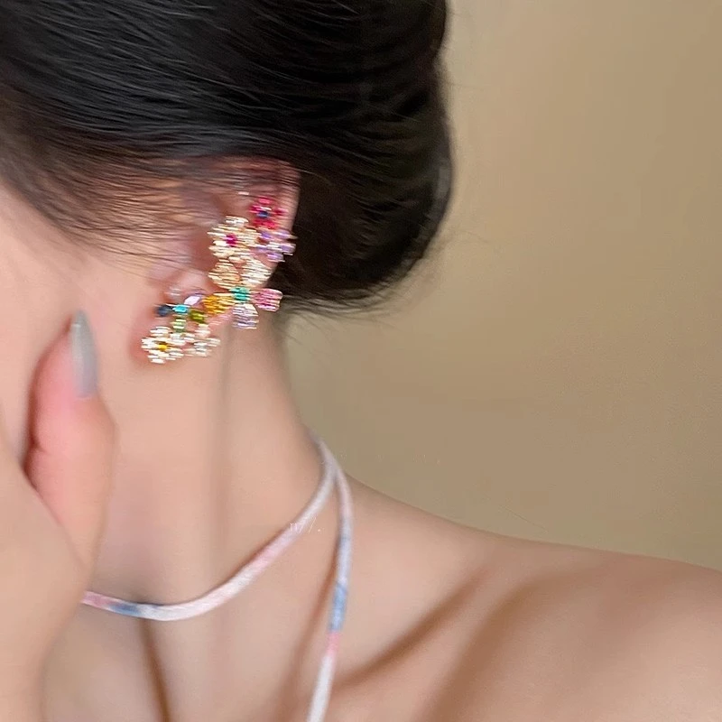 纯铜耳饰 缤纷入夏~多巴胺彩色满钻花朵耳骨夹一体式春款耳钉耳饰