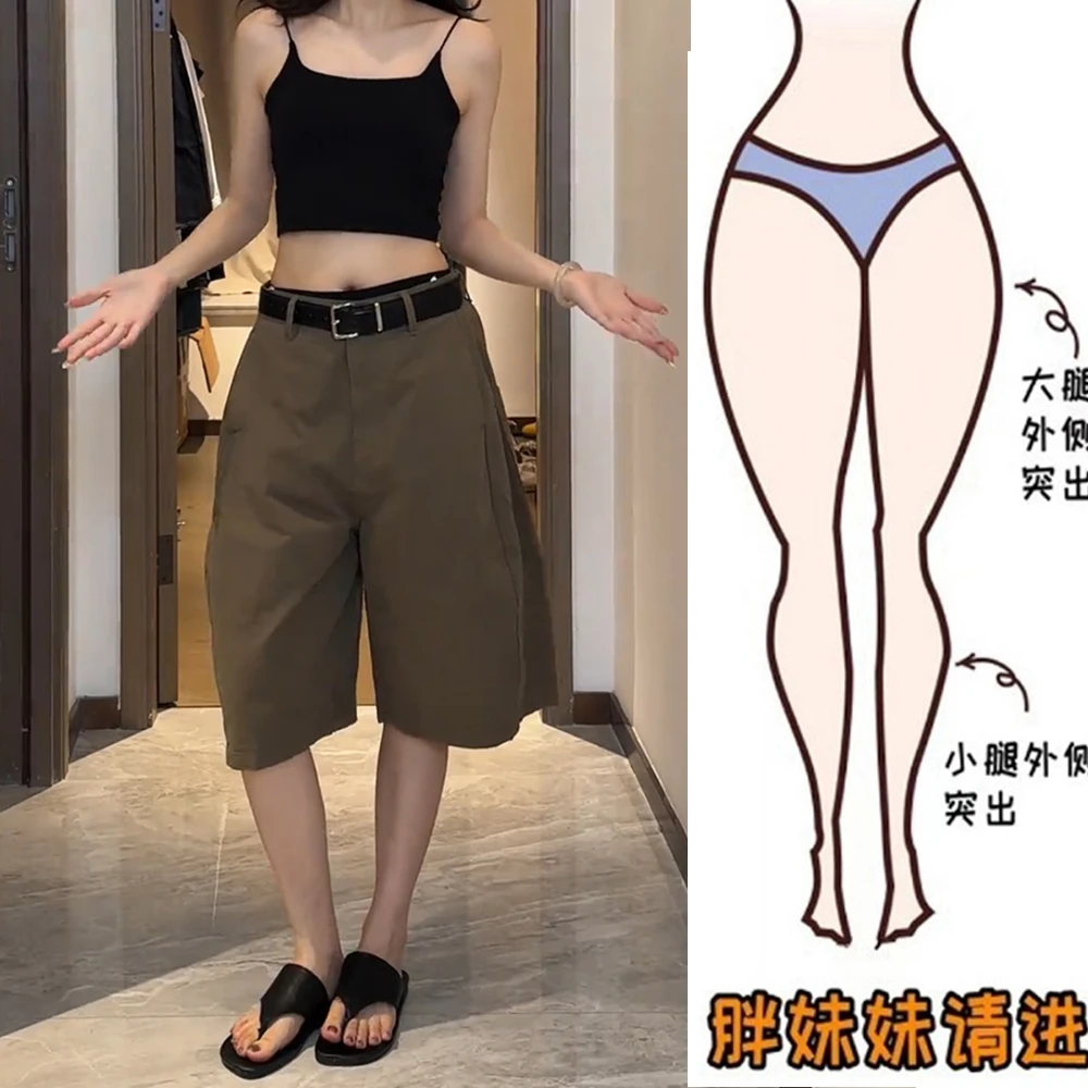 五分工装休闲裤大短裤女夏季薄款宽松大码微胖mm遮肉显瘦阔腿中裤