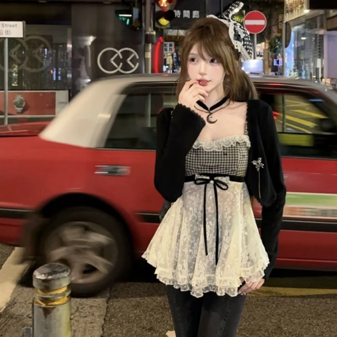 瑞茜·威瑟斯 心动恋人 网红风小众设计拼接蕾丝上衣开衫