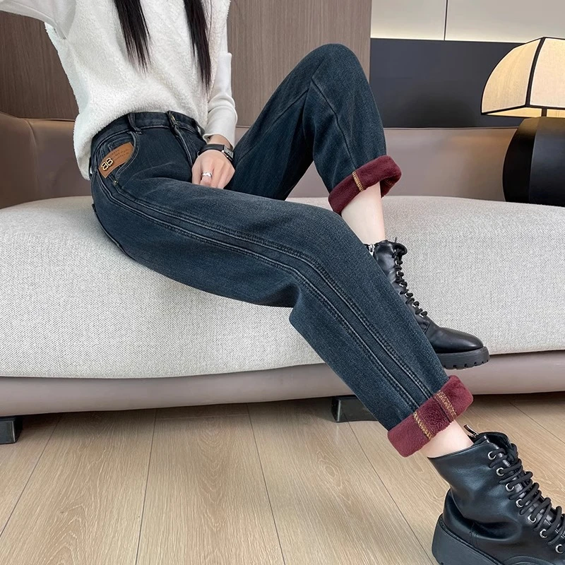 加绒牛仔裤女秋冬2025新款时尚潮流宽松直筒高腰哈伦老爹萝卜裤子
